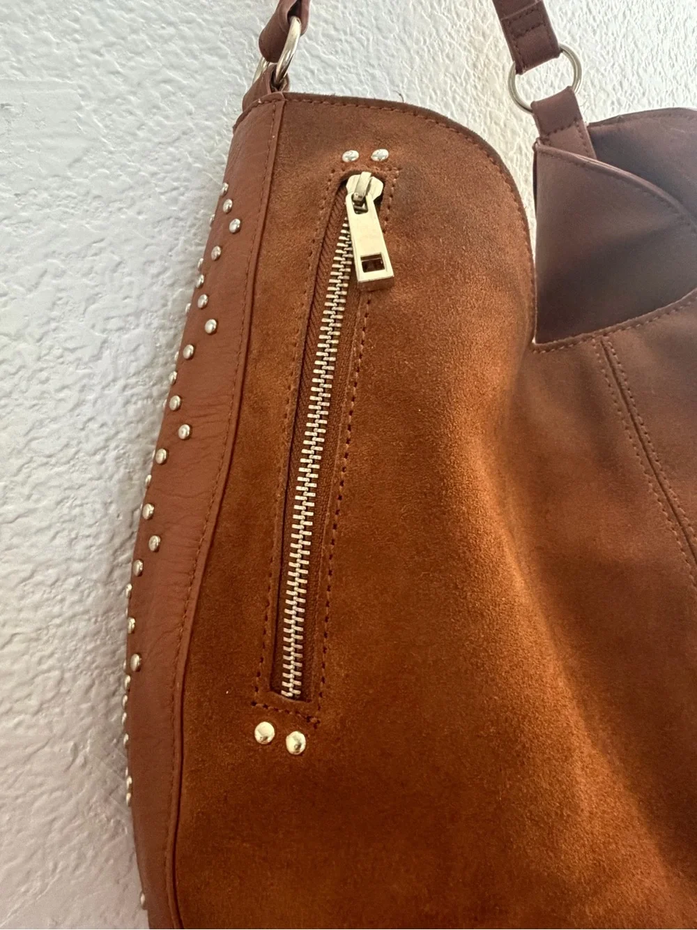 INC International Concepts Cognac Brown Suede Studded Hobo Bag